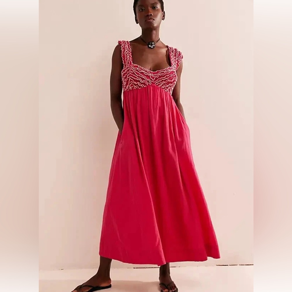 NEW Free People Feel The Frill Midi Dress in Love Potion Hot pink sz XS
